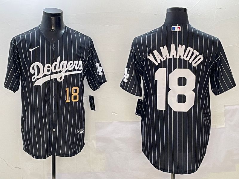 Men Los Angeles Dodgers 18 Yamamoto Black Stripe Jointly Name 2025 Nike MLB Jersey style 2